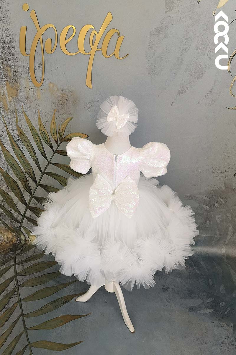 G3014 - Round Neck Sequined Tulle Baby Girl Gown With Short Puff Sleeves