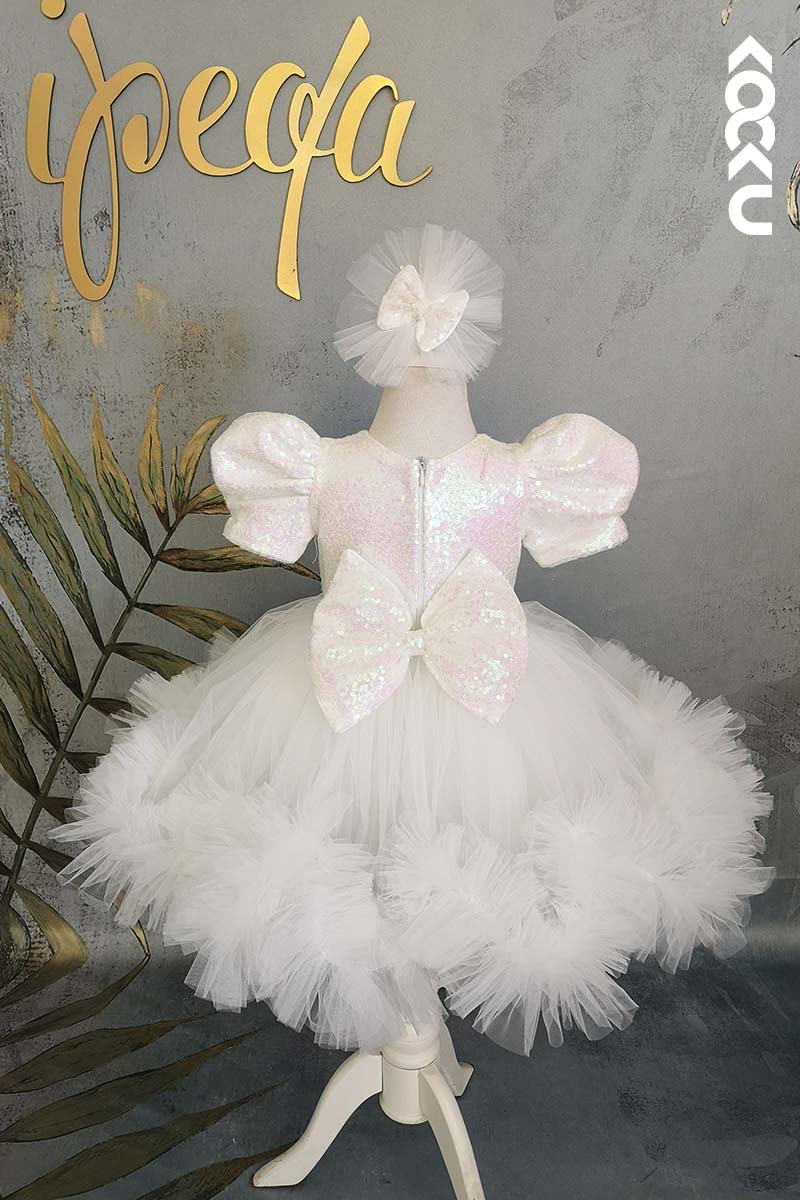 G3014 - Round Neck Sequined Tulle Baby Girl Gown With Short Puff Sleeves