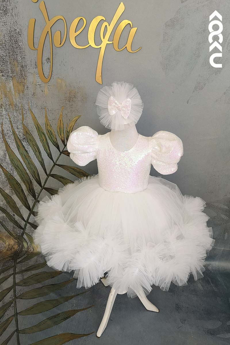 G3014 - Round Neck Sequined Tulle Baby Girl Gown With Short Puff Sleeves