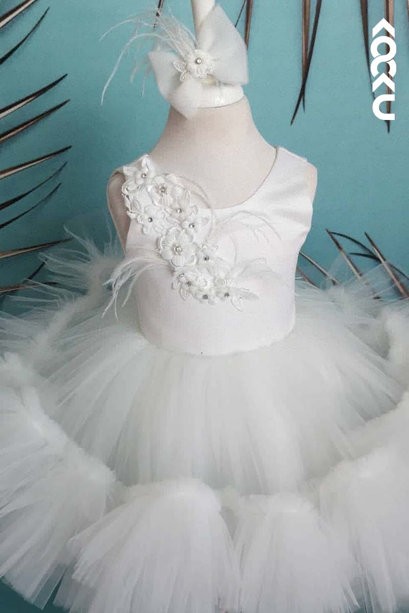 G3016 - Round Neck Appliqued Satin Tulle Baby Girl Gown With Detachable Gown