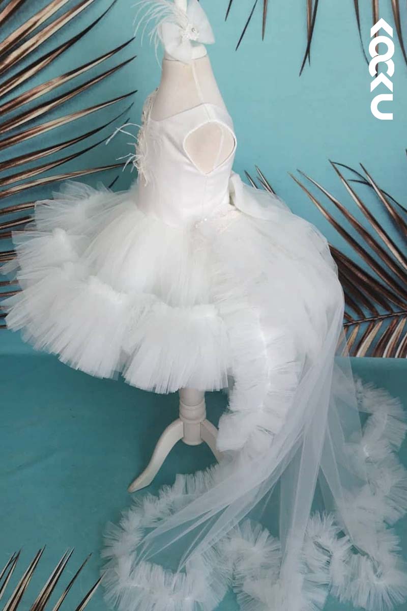 G3016 - Round Neck Appliqued Satin Tulle Baby Girl Gown With Detachable Gown