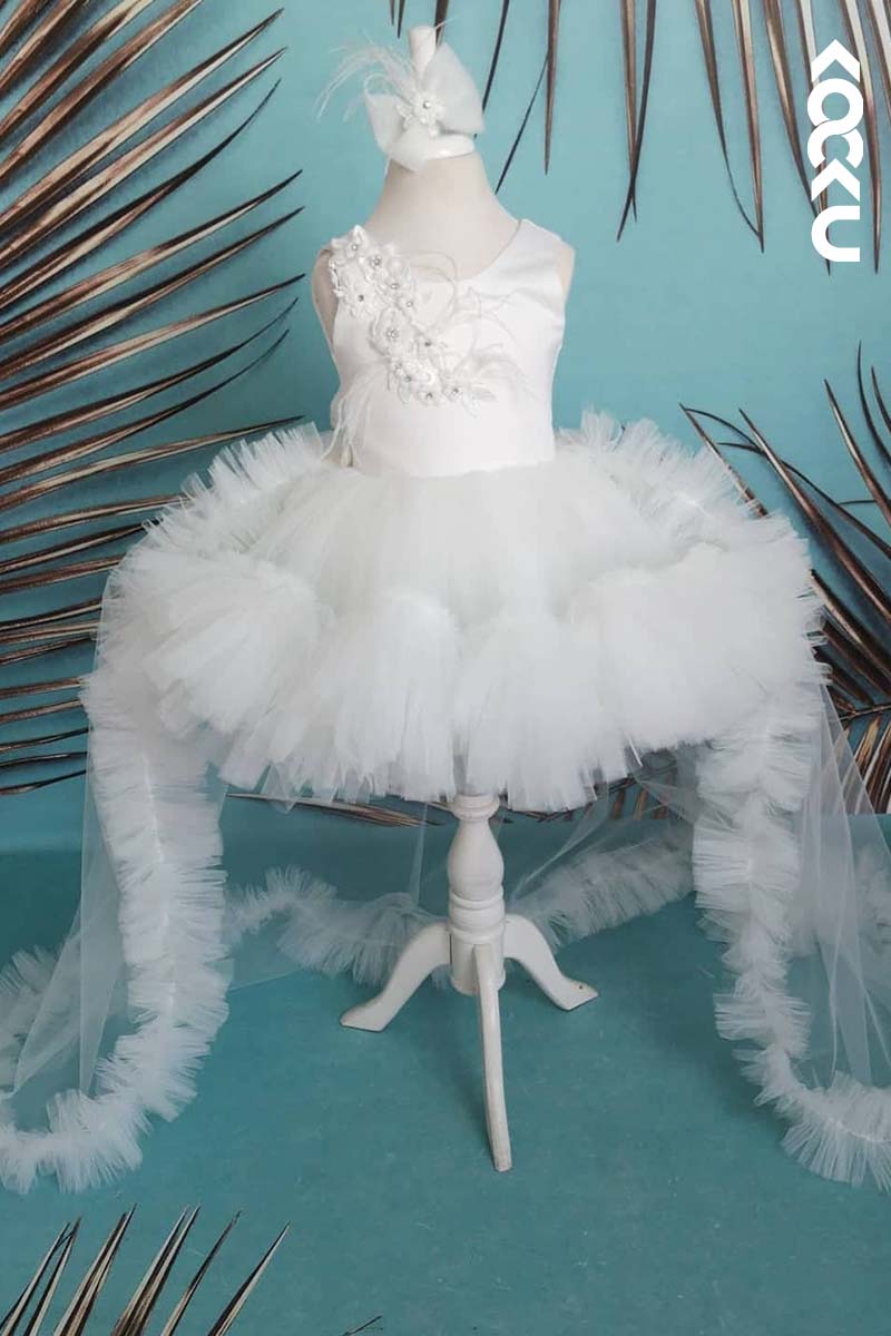 G3016 - Round Neck Appliqued Satin Tulle Baby Girl Gown With Detachable Gown