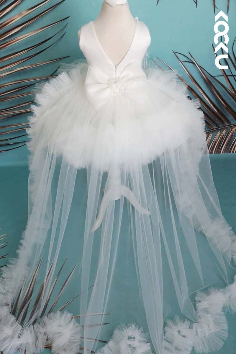 G3016 - Round Neck Appliqued Satin Tulle Baby Girl Gown With Detachable Gown