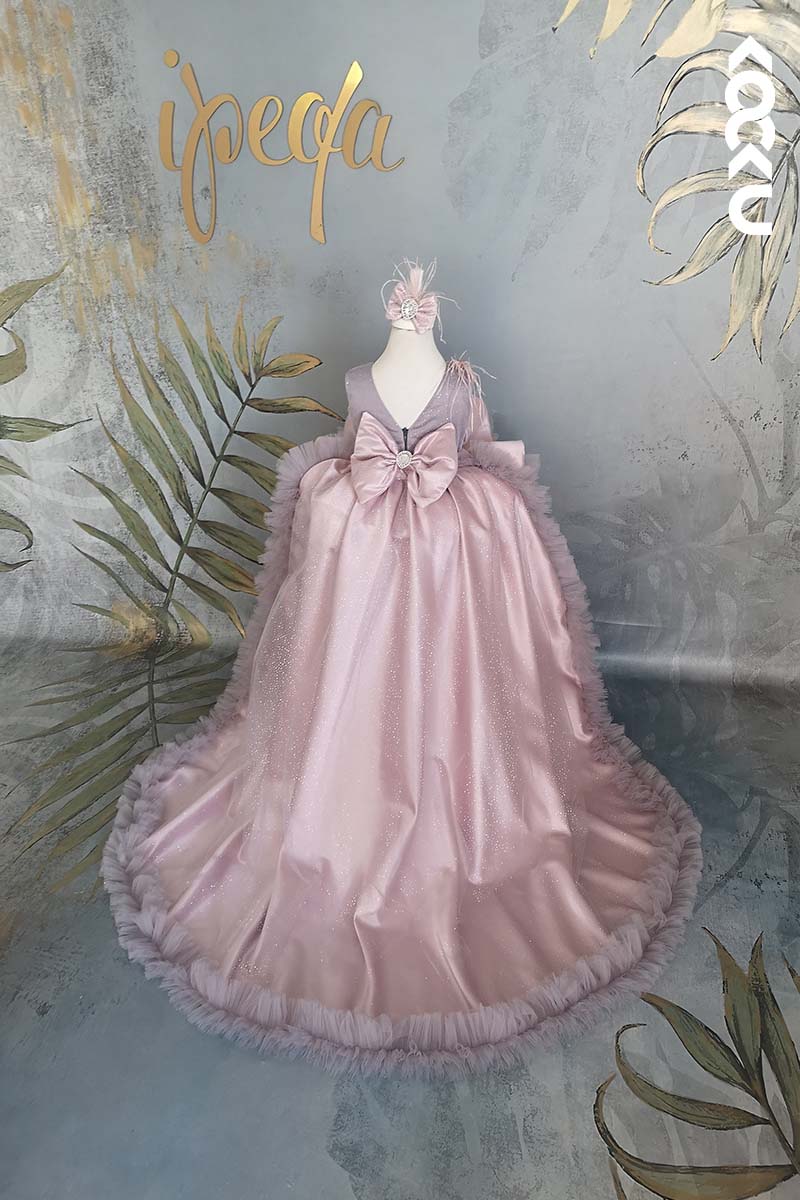 G3017 - V-Neck Satin Tulle Baby Girl Gown With Detachable Trail