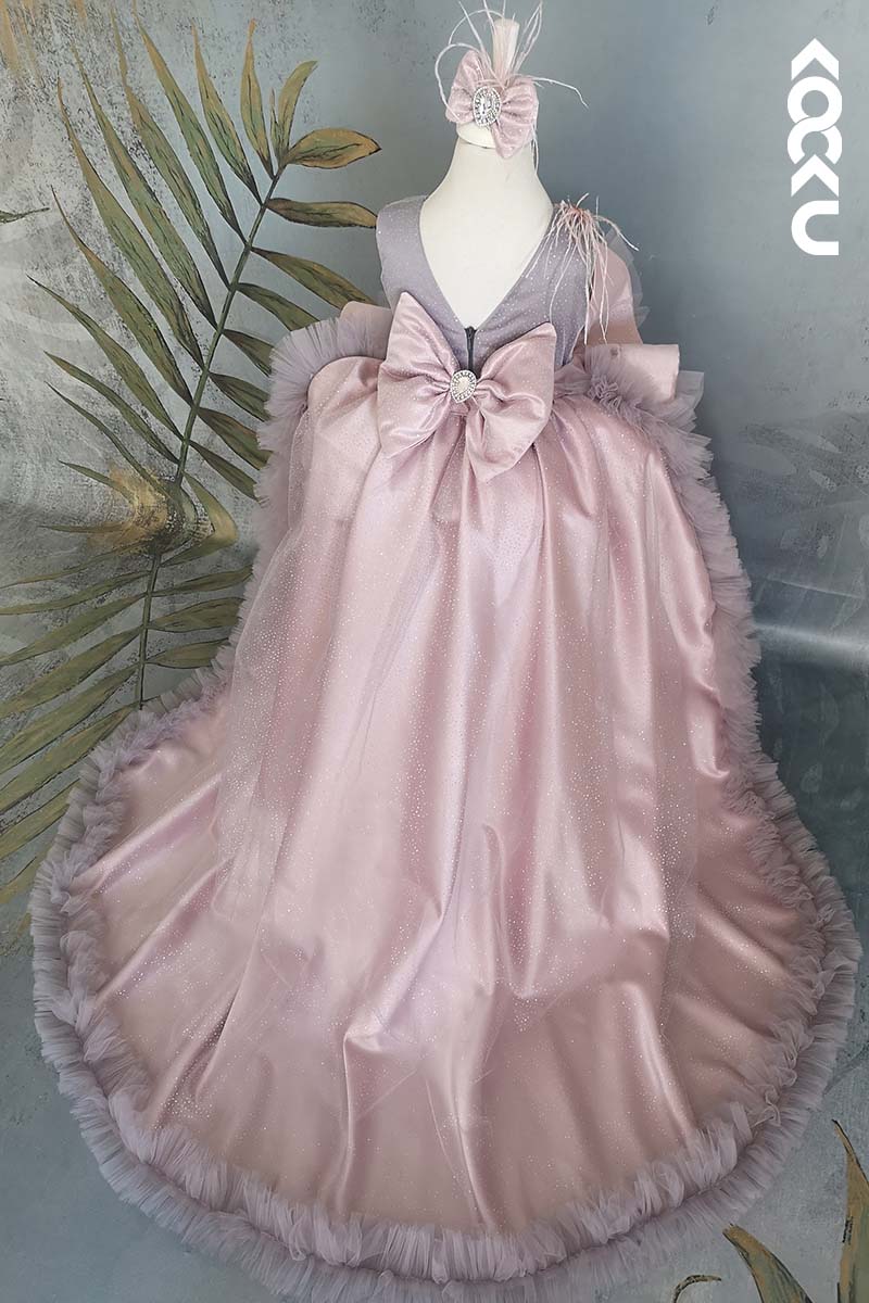 G3017 - V-Neck Satin Tulle Baby Girl Gown With Detachable Trail