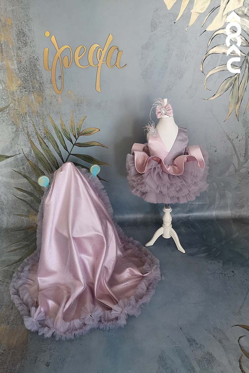 G3017 - V-Neck Satin Tulle Baby Girl Gown With Detachable Trail