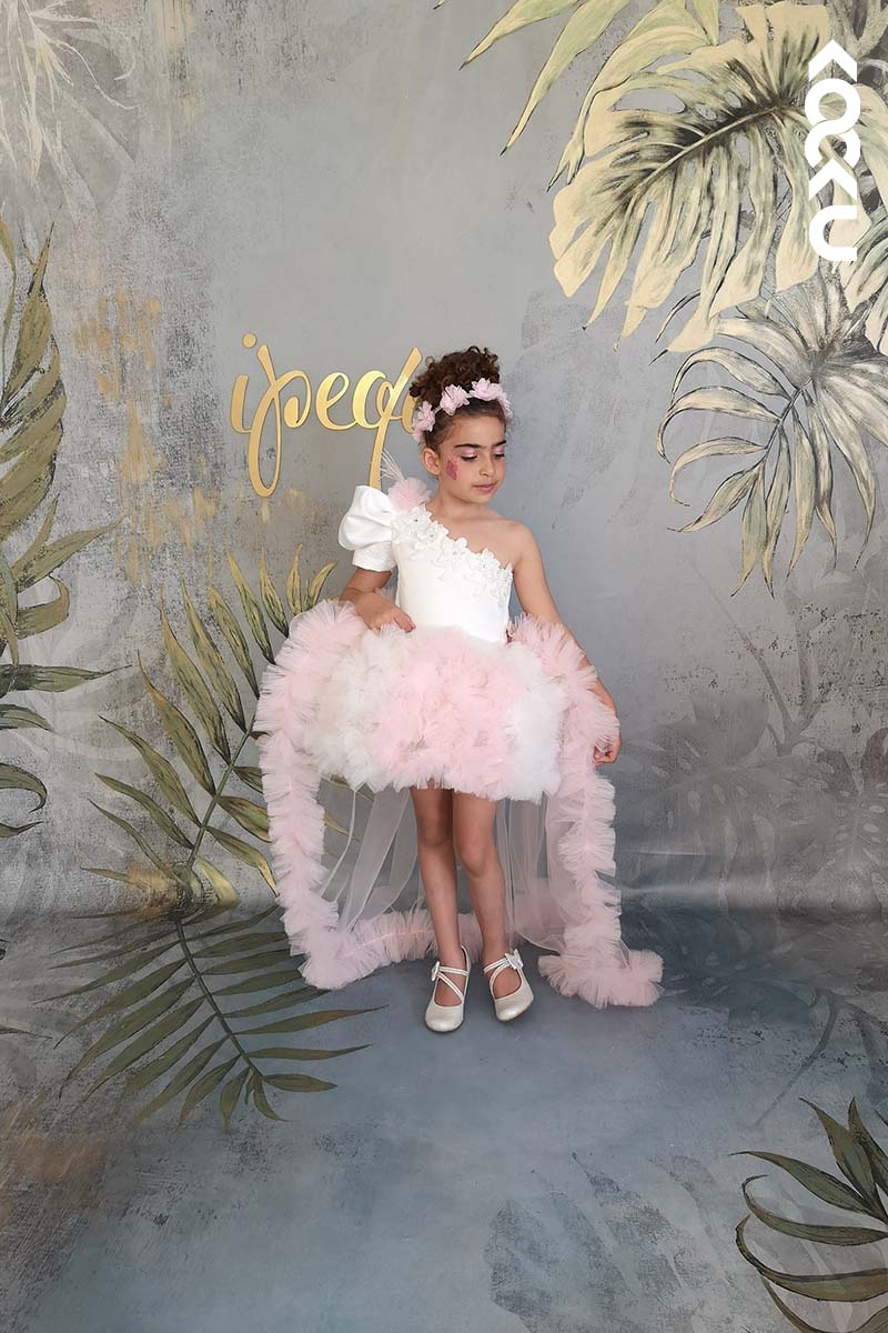 G3019 - One Shoulder Puff Sleeve Satin Tulle Baby Girl Gown With Detachable Trail