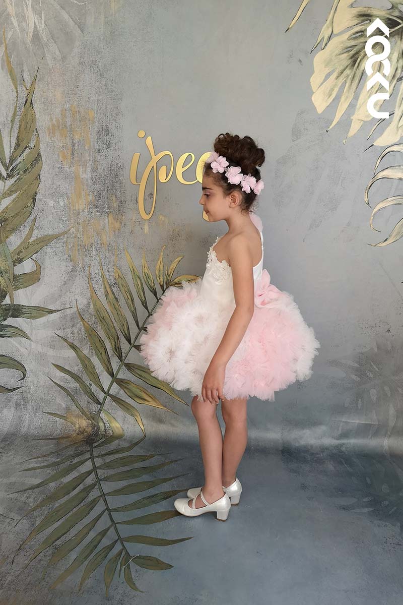 G3019 - One Shoulder Puff Sleeve Satin Tulle Baby Girl Gown With Detachable Trail