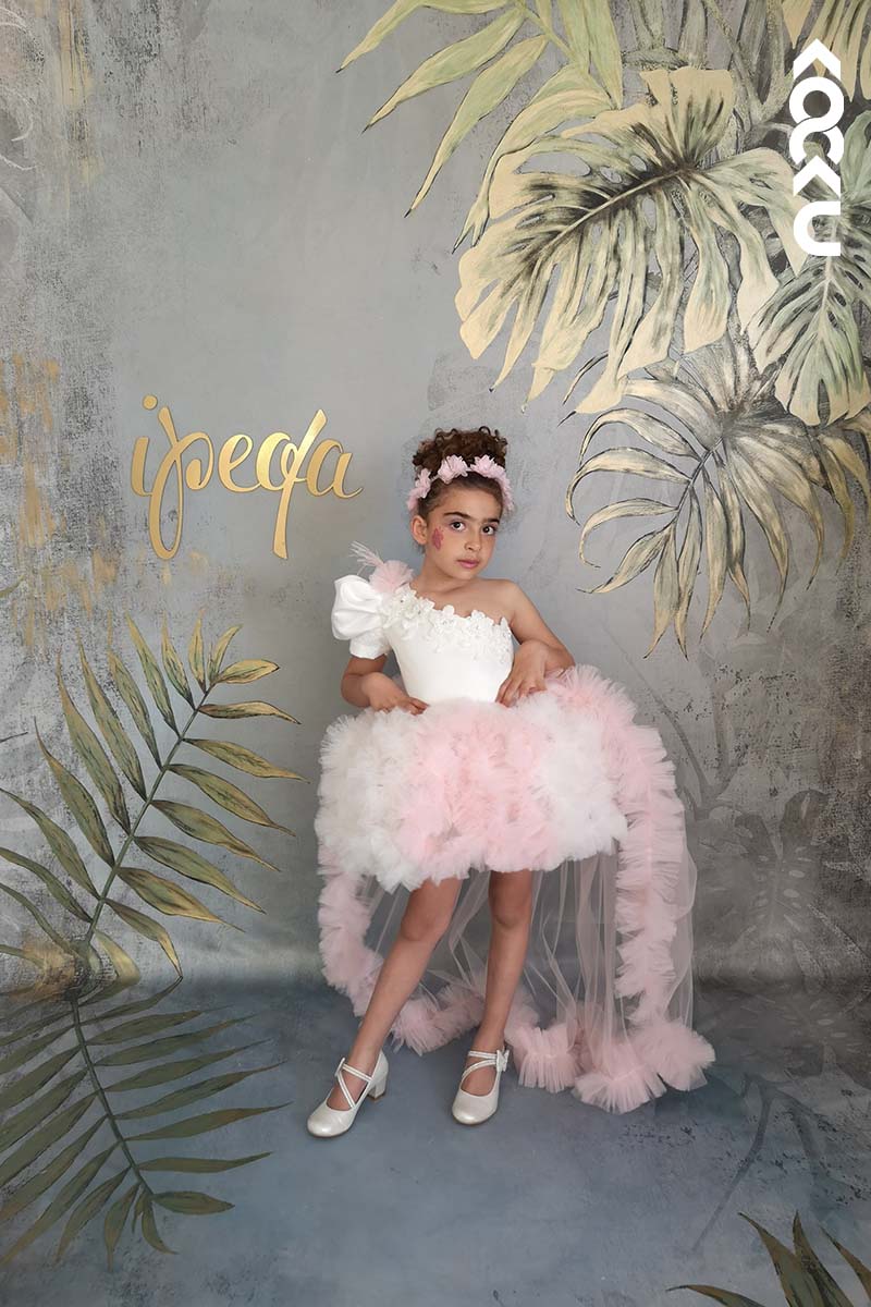 G3019 - One Shoulder Puff Sleeve Satin Tulle Baby Girl Gown With Detachable Trail