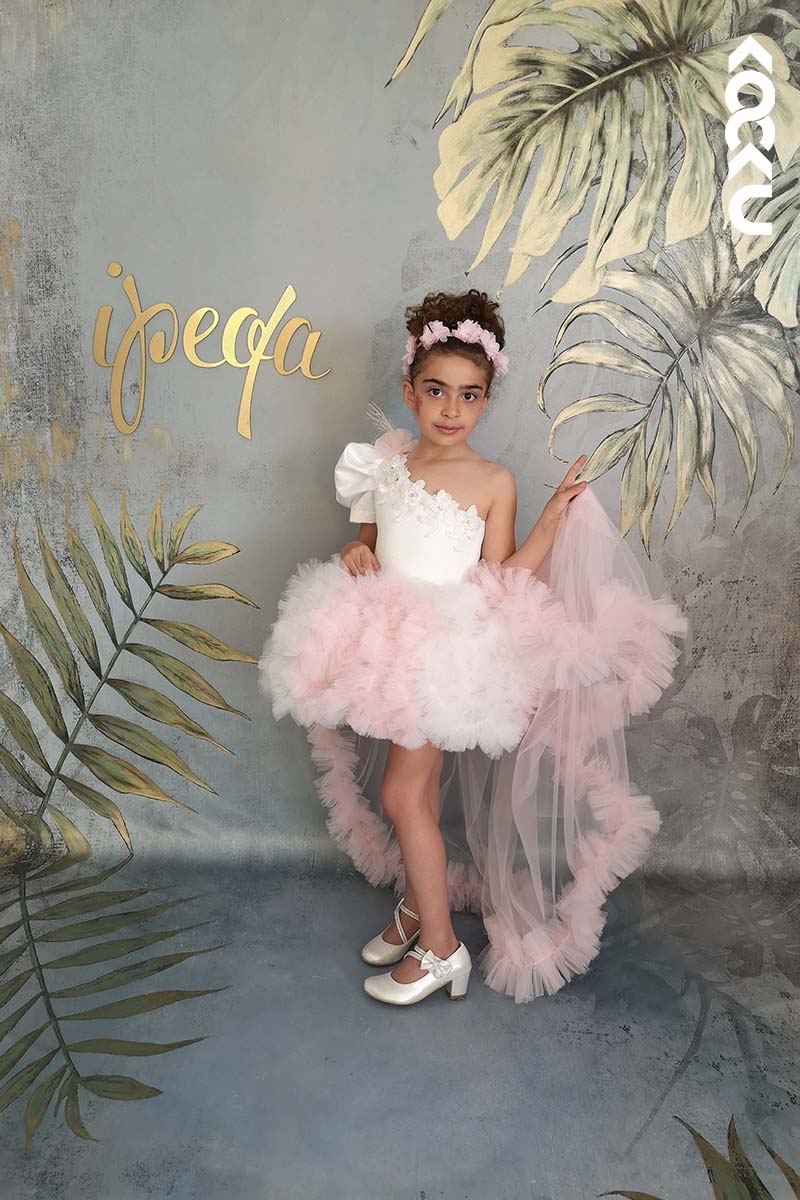 G3019 - One Shoulder Puff Sleeve Satin Tulle Baby Girl Gown With Detachable Trail