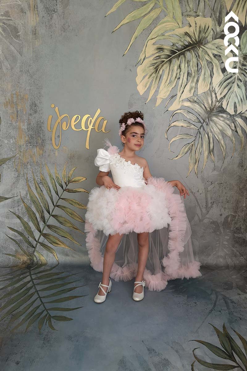 G3019 - One Shoulder Puff Sleeve Satin Tulle Baby Girl Gown With Detachable Trail