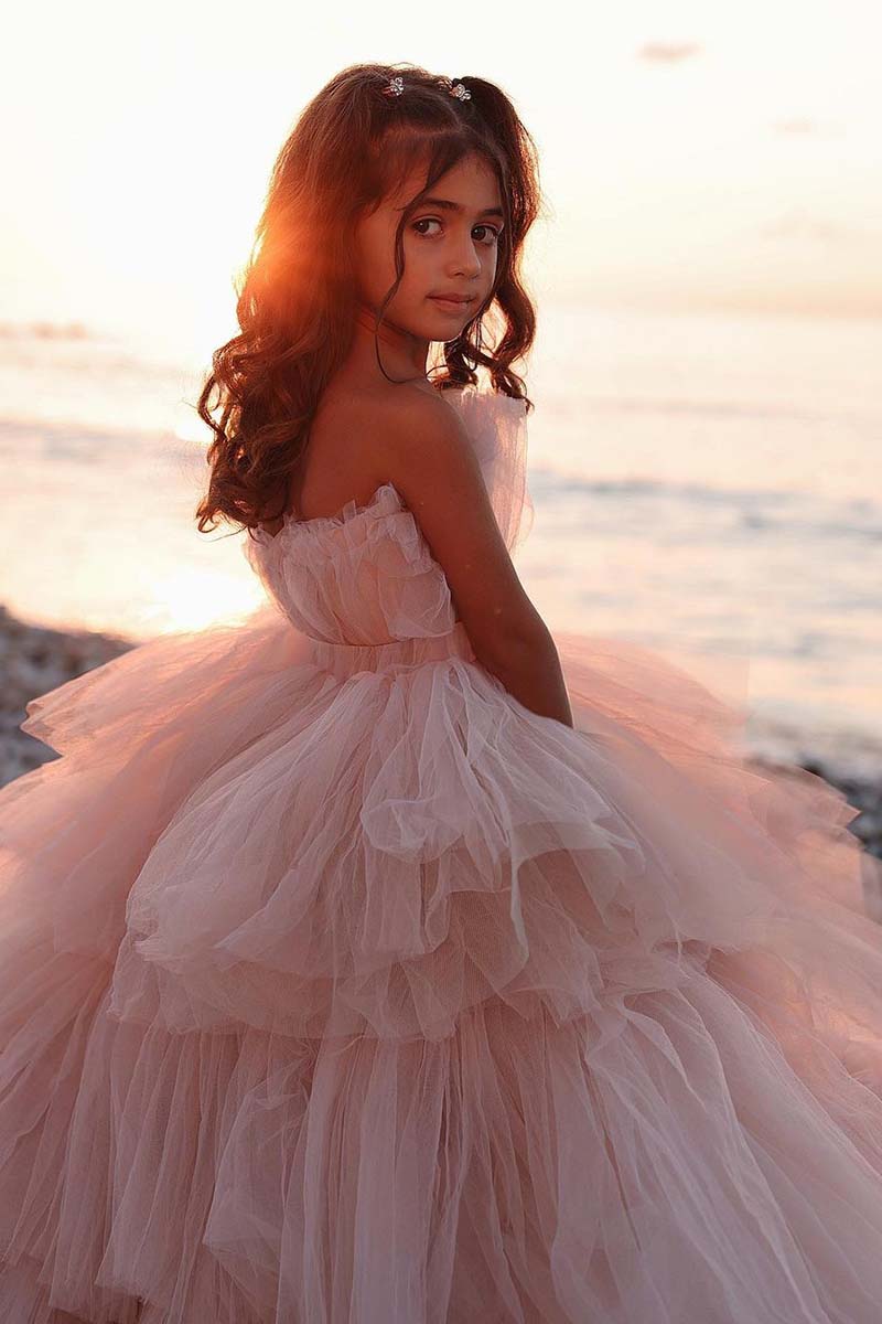 G3022 - Strapless Sleeveless Ruched Tulle High Low Beach Flower Girl Gown