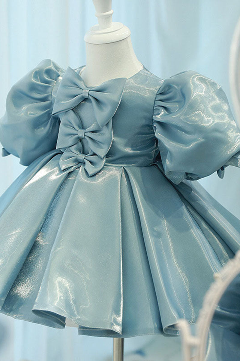 G3023 - Scoop Puff Sleeves Satin A-Line Flower Girl Dress With Bows