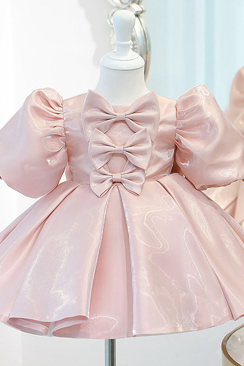 G3023 - Scoop Puff Sleeves Satin A-Line Flower Girl Dress With Bows