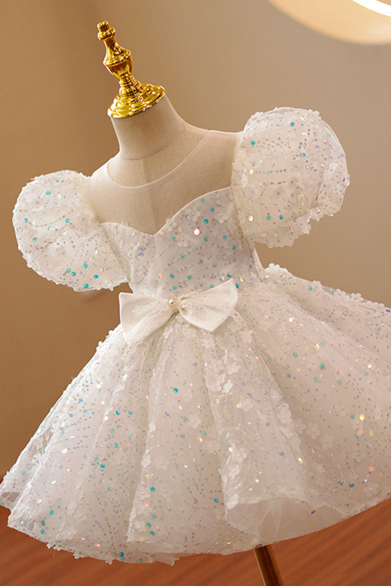 G3027 - Scoop Puff Sleeves Sequined Beaded A-Line Flower Girl Dress