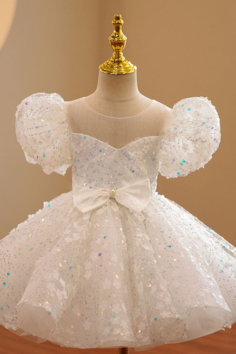 G3027 - Scoop Puff Sleeves Sequined Beaded A-Line Flower Girl Dress