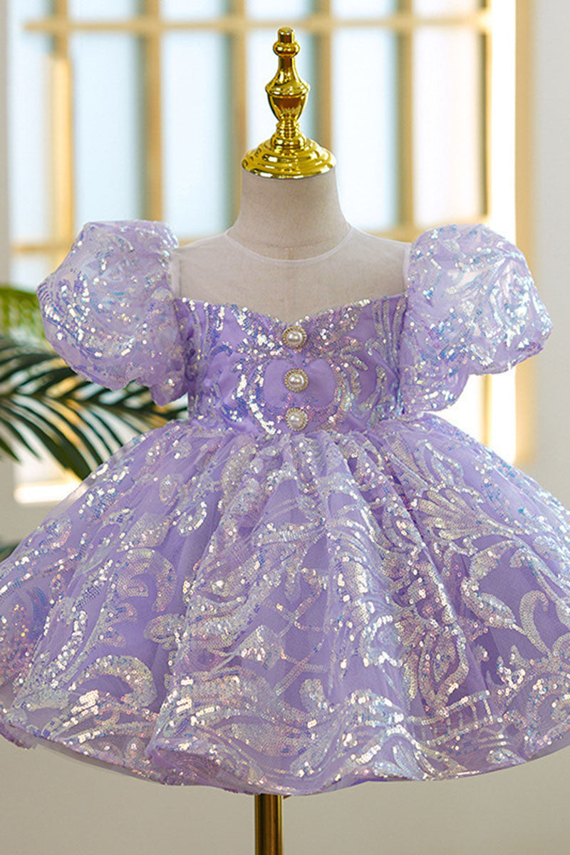 G3030 - Scoop Puff Sleeves Sequined Beaded A-Line Flower Girl Dress