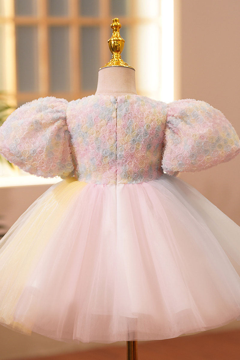 G3032 - Scoop Floral Puff Sleeves Beaded Tulle A-Line Flower Girl Dress