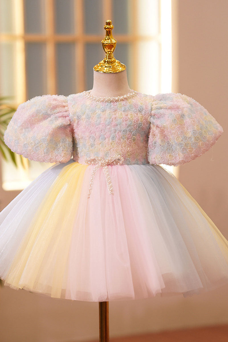 G3032 - Scoop Floral Puff Sleeves Beaded Tulle A-Line Flower Girl Dress