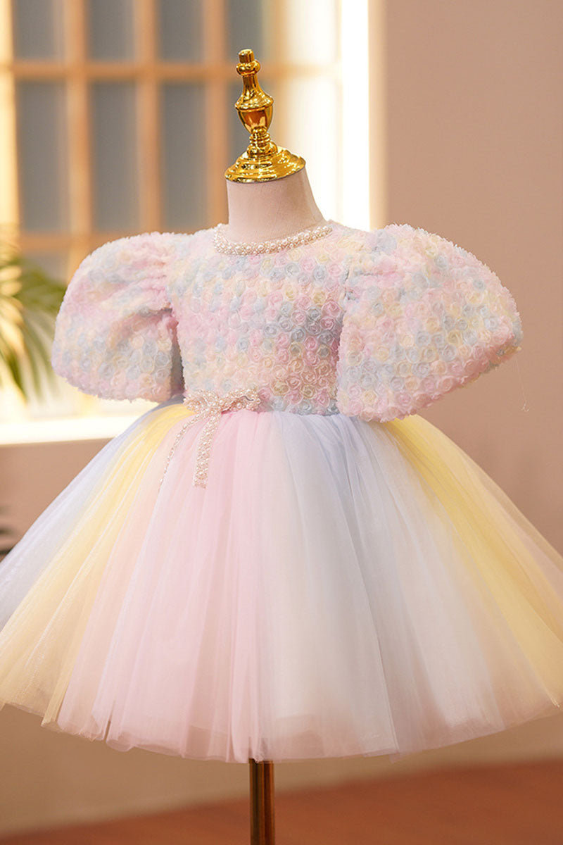 G3032 - Scoop Floral Puff Sleeves Beaded Tulle A-Line Flower Girl Dress