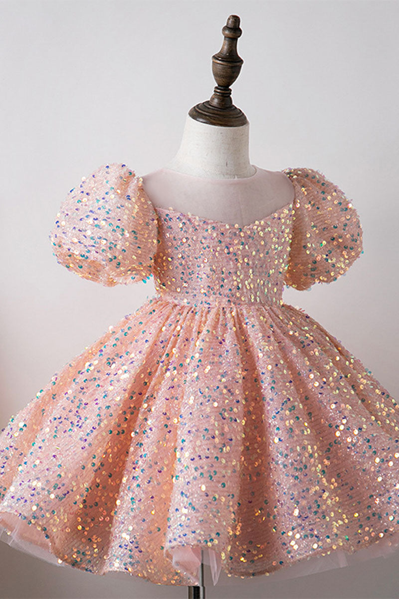 G3033 - Scoop Puff Sleeves Sequined A-Line Flower Girl Dress