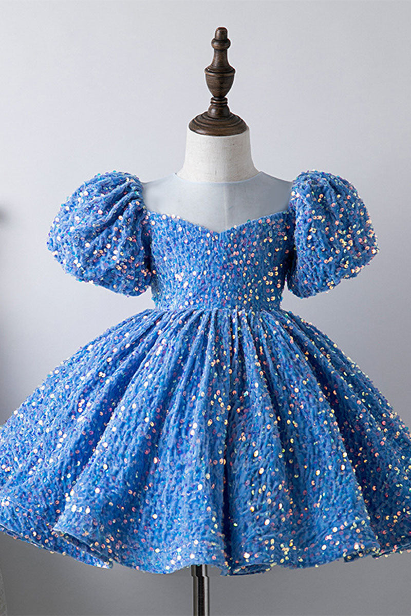 G3033 - Scoop Puff Sleeves Sequined A-Line Flower Girl Dress