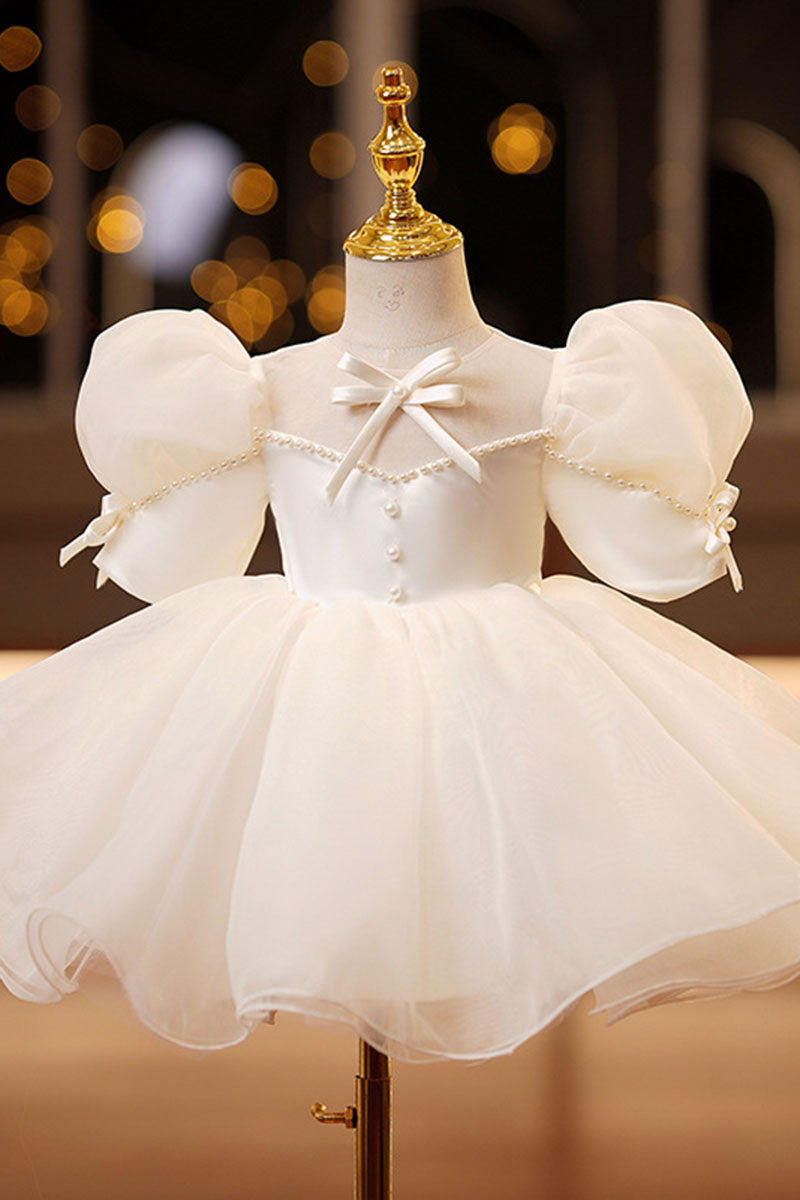 G3035 - Scoop Puff Sleeves Beaded Satin A-Line Flower Girl Dress With Bows