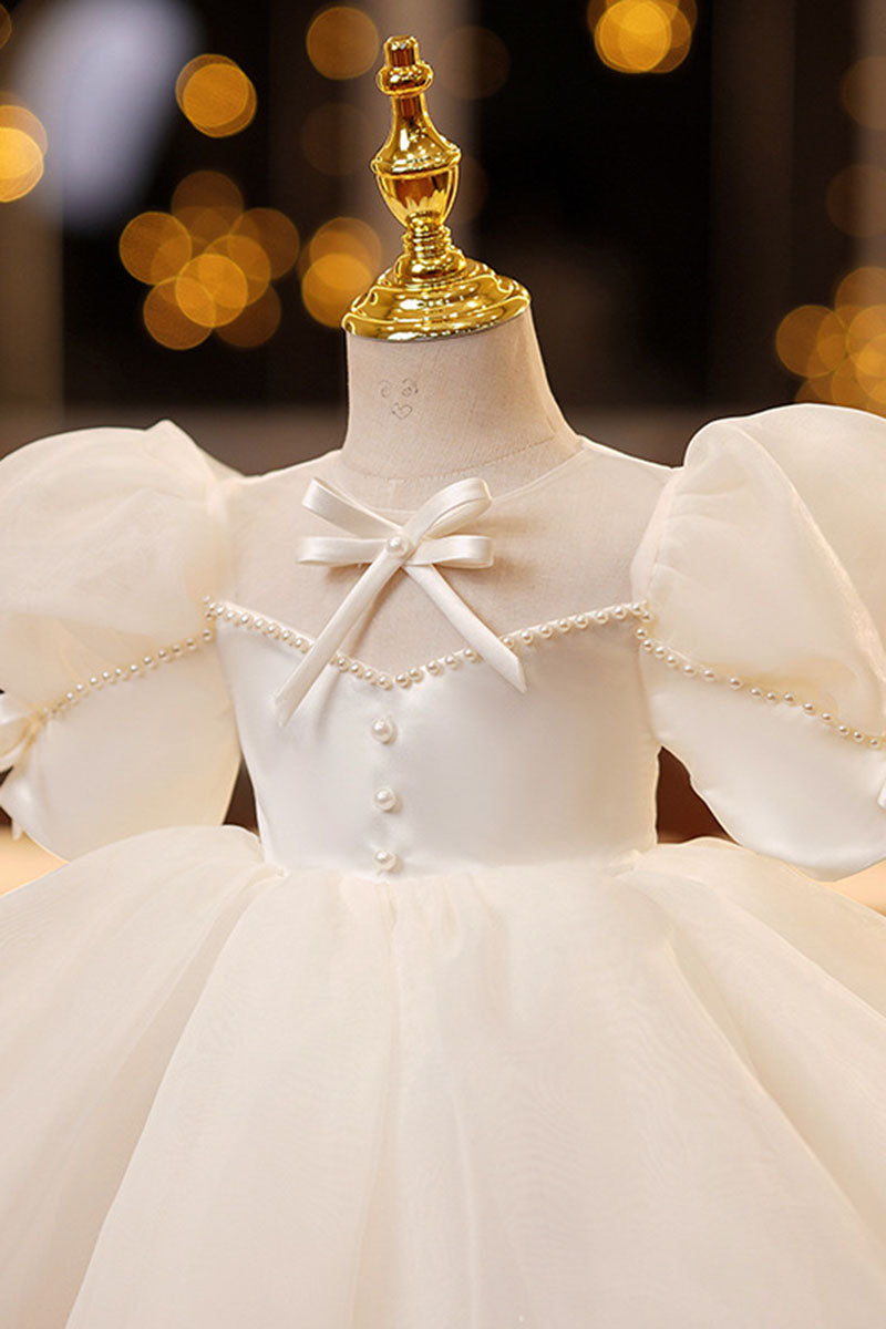 G3035 - Scoop Puff Sleeves Beaded Satin A-Line Flower Girl Dress With Bows