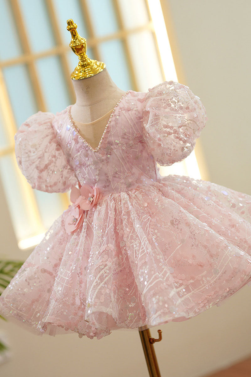 G3036 - V-Neck Puff Sleeves Sequined Beaded A-Line Flower Girl Dress