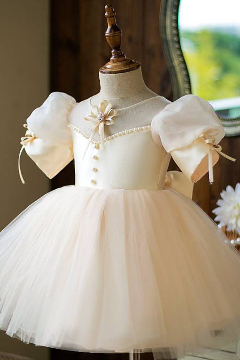 G3037 - Scoop Puff Sleeves Beaded Satin A-Line Flower Girl Dress With Bows