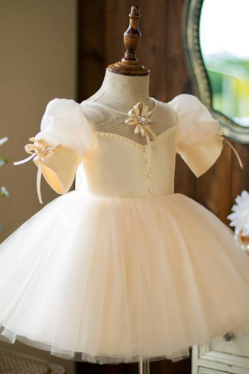 G3037 - Scoop Puff Sleeves Beaded Satin A-Line Flower Girl Dress With Bows