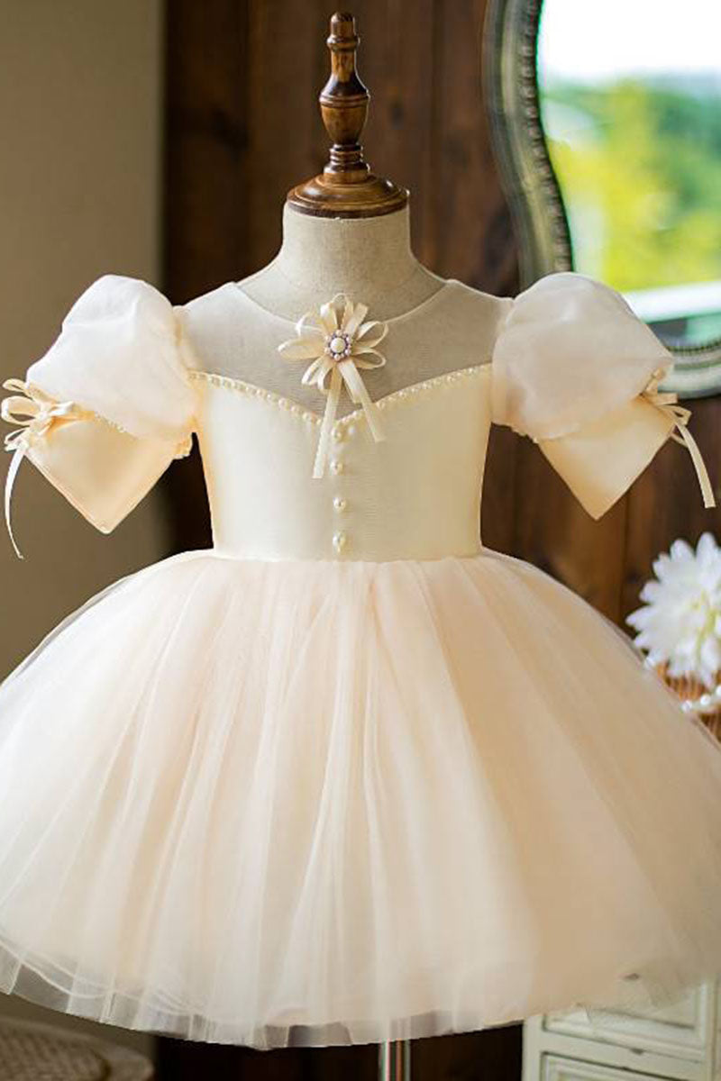 G3037 - Scoop Puff Sleeves Beaded Satin A-Line Flower Girl Dress With Bows