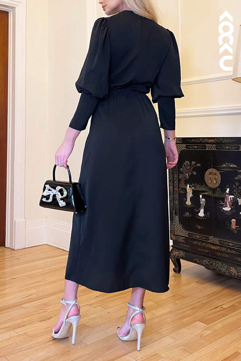 M6288 - Elegant & Classic V-Neck Long Sleevess Side Slit Mother of the Bride Dress