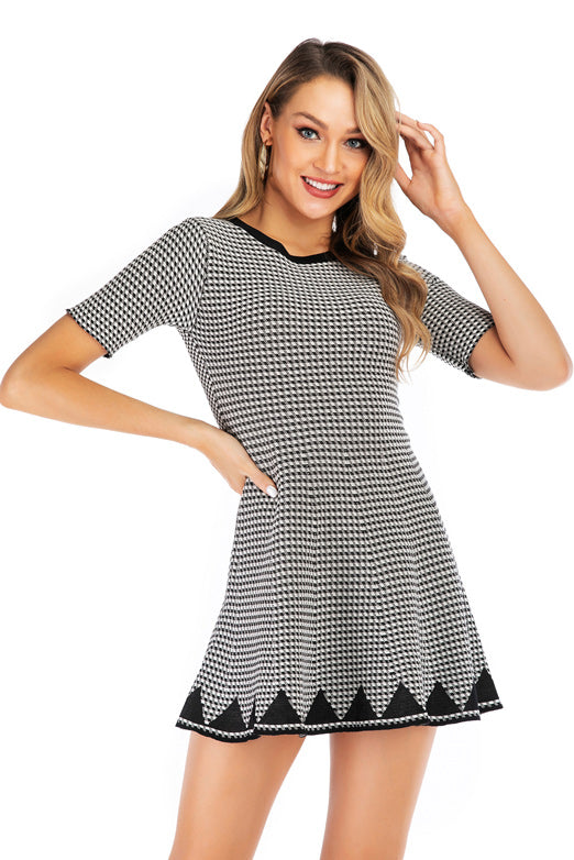 Gingham Knit Fitted Mini Dress With Short Sleeves