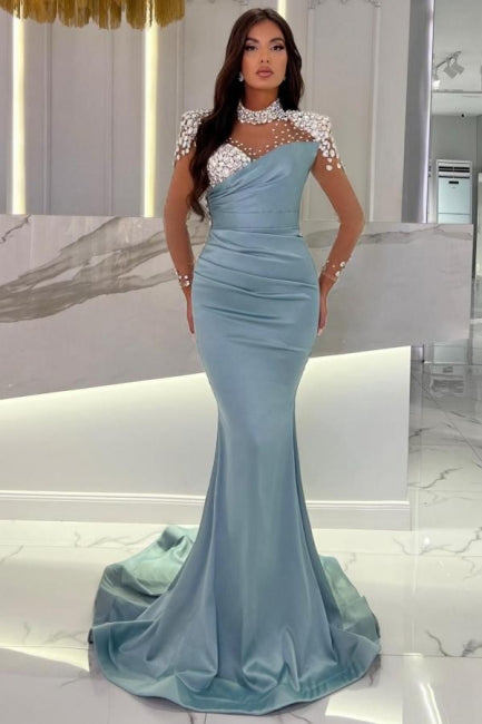 Glamorous Long Blue Mermaid High Neck Glitter Satin Prom Dress with Long Sleeves