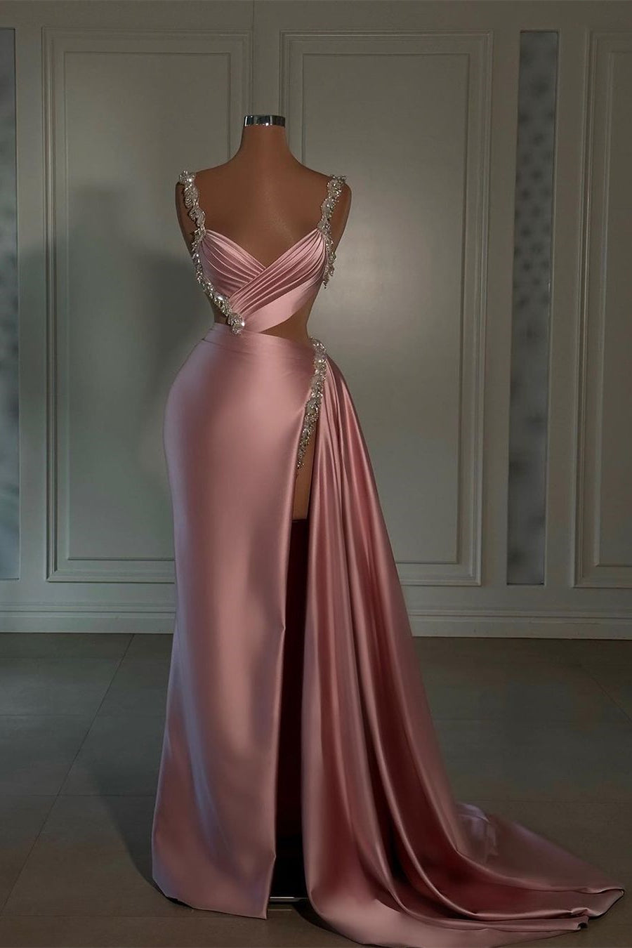 Glamorous Long Pink Strap Satin Dress with Split Front and Beading