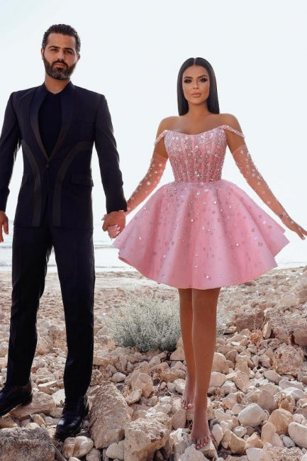 Glamorous Short Pink Cocktail Dress Off-the-shoulder Glittery Prom Dress with Lace Details