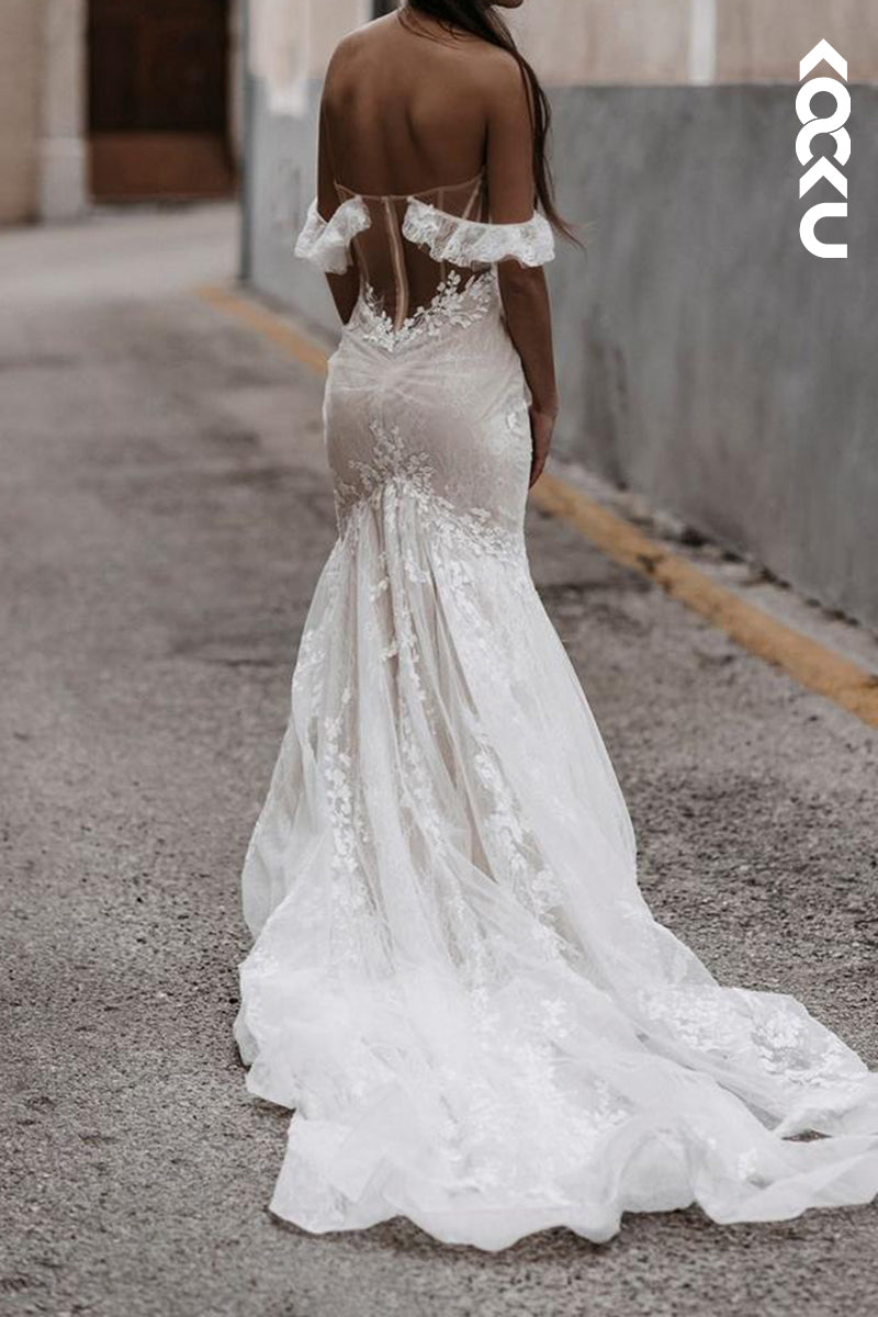 K2170 - Elegant & Luxurious Off-Shoulder Mermaid Appliques Backless Wedding Dress