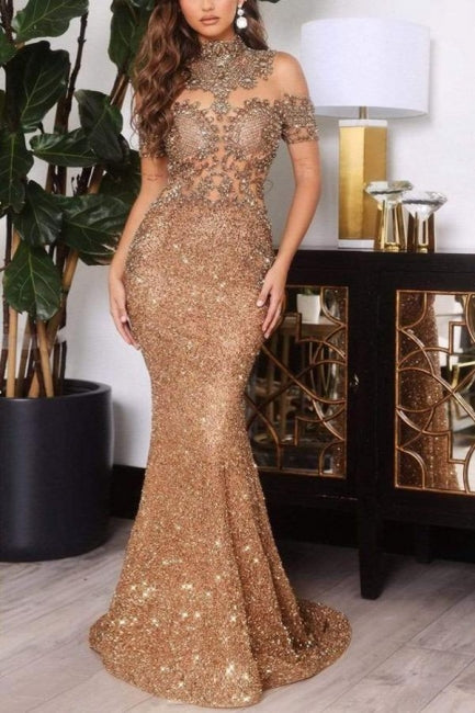 Great Gold Off The Shoulder Sparkle Mermaid Prom Dress with Beadings