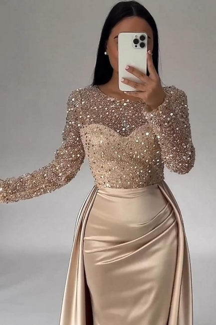 Gorgeous Long A-line Beaded Sequined Prom Gown with Elegant Long Sleeves