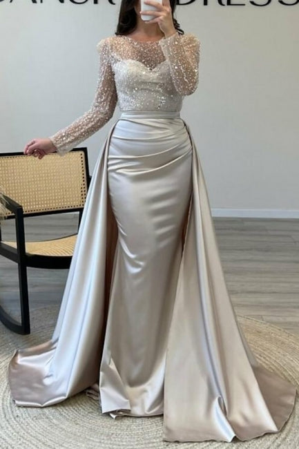 Gorgeous Long A-line Beaded Sequined Prom Gown with Elegant Long Sleeves