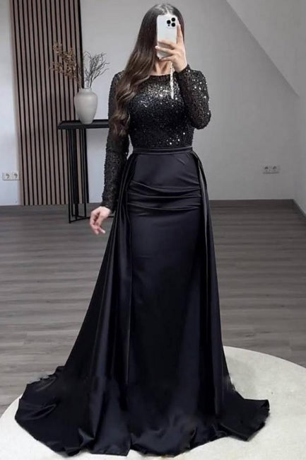 Gorgeous Long A-line Beaded Sequined Prom Gown with Elegant Long Sleeves