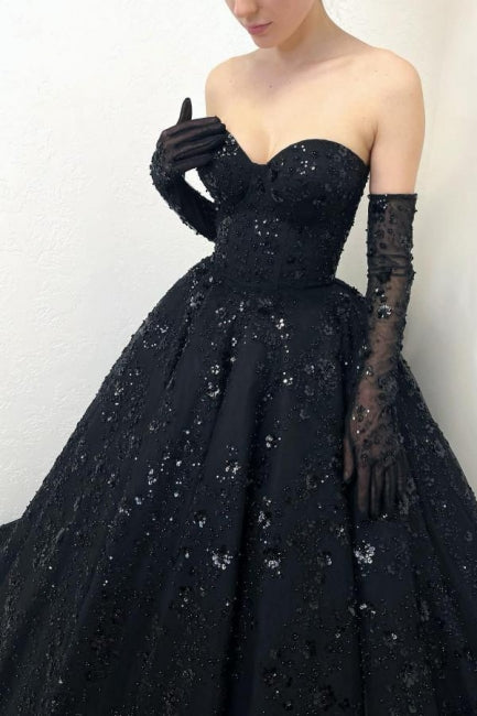 Gorgeous Long Black A-line Sweetheart Lace Laced-up Evening Gown