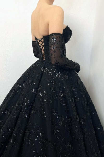 Gorgeous Long Black A-line Sweetheart Lace Laced-up Evening Gown