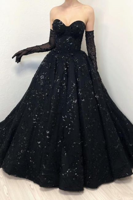 Gorgeous Long Black A-line Sweetheart Lace Laced-up Evening Gown