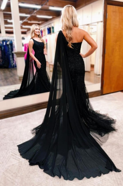 Gorgeous Long Black One Shoulder Mermaid Glitter Prom Dress with Lace Accents