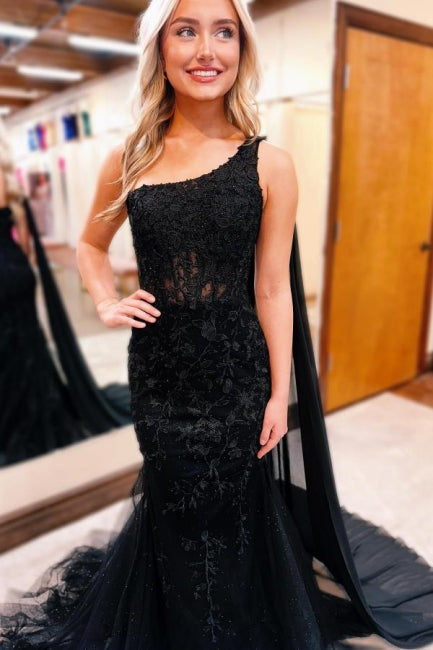 Gorgeous Long Black One Shoulder Mermaid Glitter Prom Dress with Lace Accents