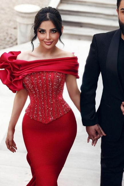 Gorgeous Long Red Mermaid Off-the-shoulder Sequined Beaded Prom Dress with Lace