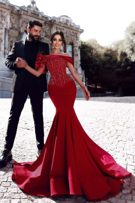 Gorgeous Long Red Mermaid Off-the-shoulder Sequined Beaded Prom Dress with Lace