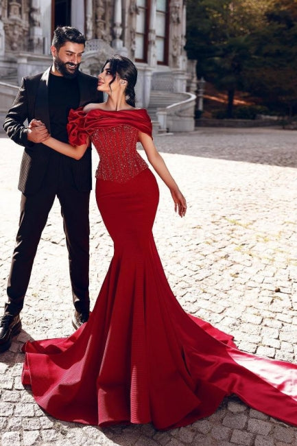 Gorgeous Long Red Mermaid Off-the-shoulder Sequined Beaded Prom Dress with Lace